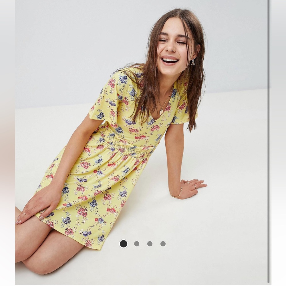 Shirred Waist Yellow Floral Dress With Frill Sleeve Summer Spring